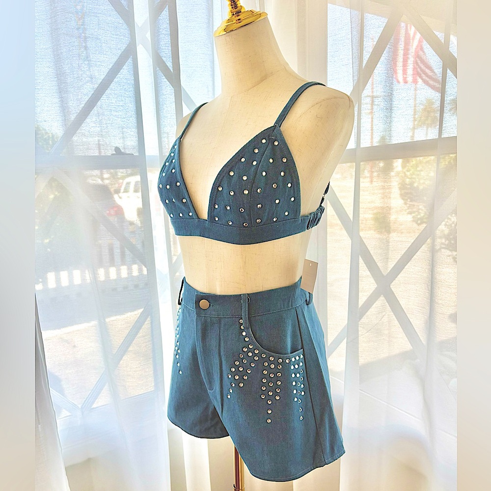 Blue Blush Studded Two-Piece Denim Set